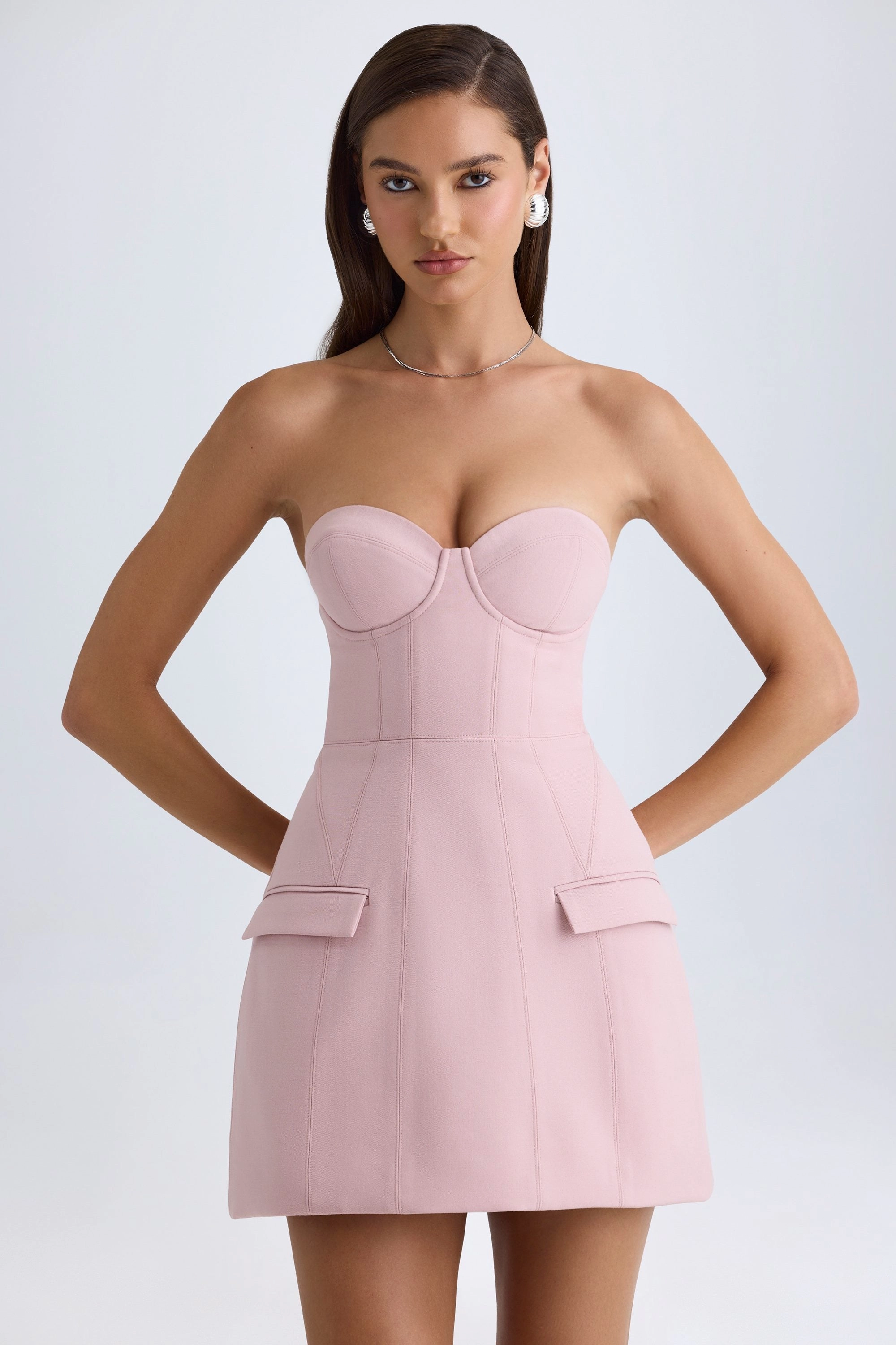 Strapless Structured Tulip Mini Dress in Pink Mauve Dresses best price
