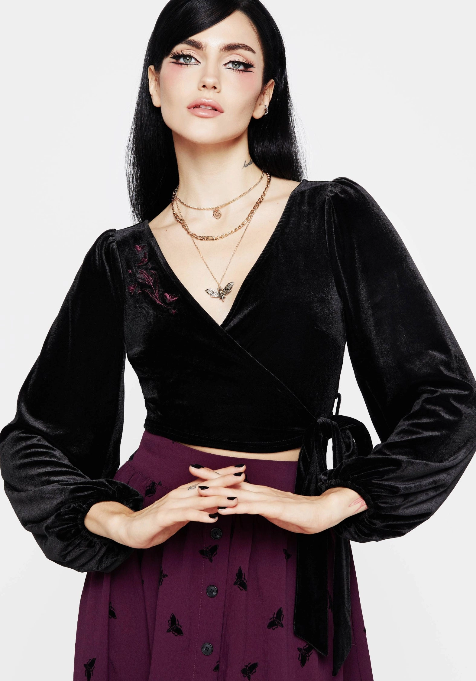Styx Moth Embroidered Velour Wrap Top Tops Womens - women's blouses clearance