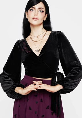Styx Moth Embroidered Velour Wrap Top Tops Womens - women's blouses clearance
