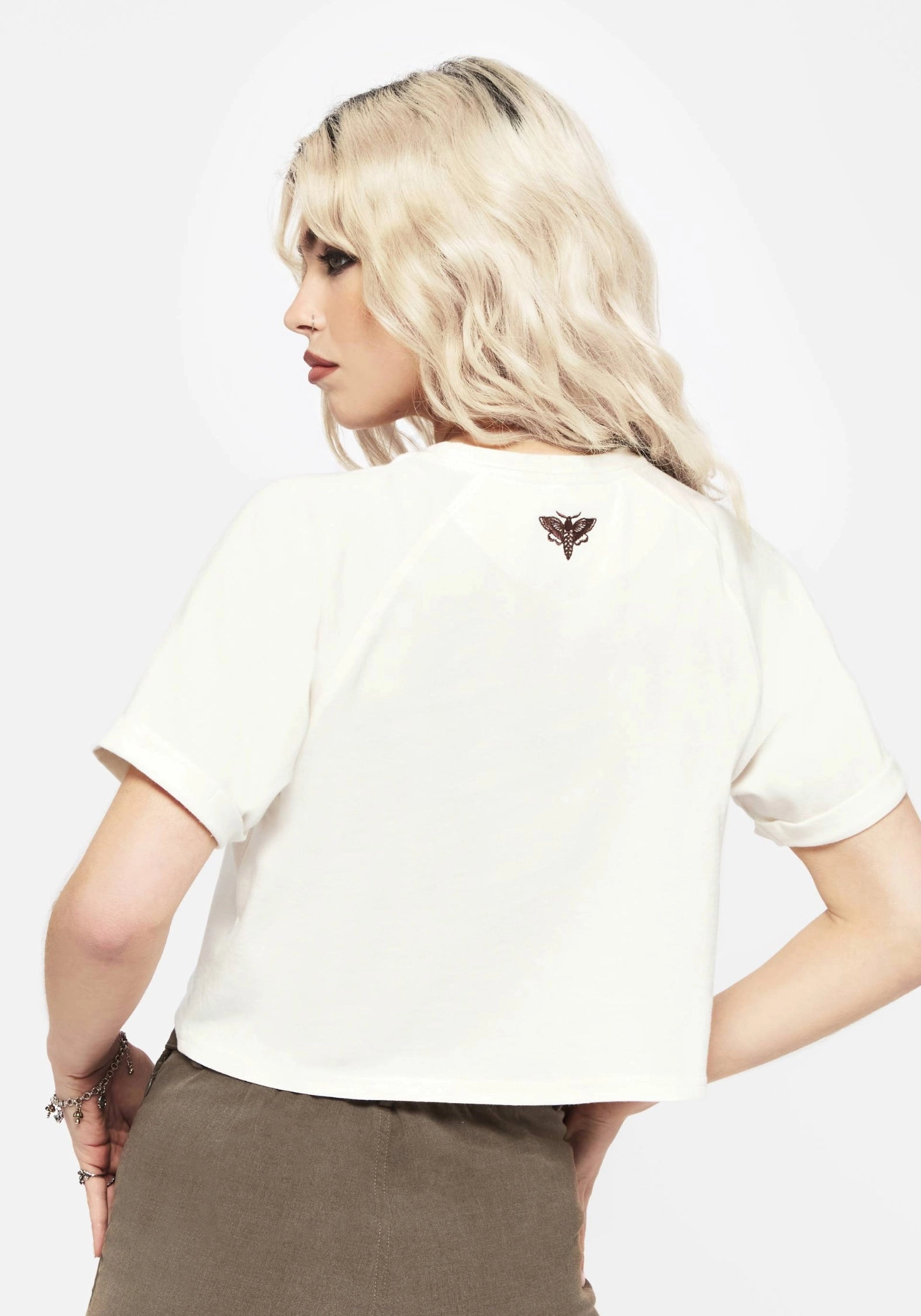 Sunne Moth Embroidered Boxy Crop Cotton Tee Tops Womens - women's blouses clearance