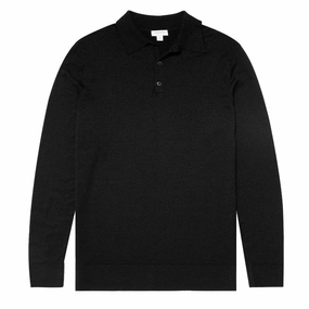 Sunspel Long Sleeve Polo Black mens t-shirts outlet