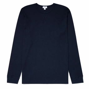 Sunspel Long Sleeve Waffle T-shirt Navy henley shirts online