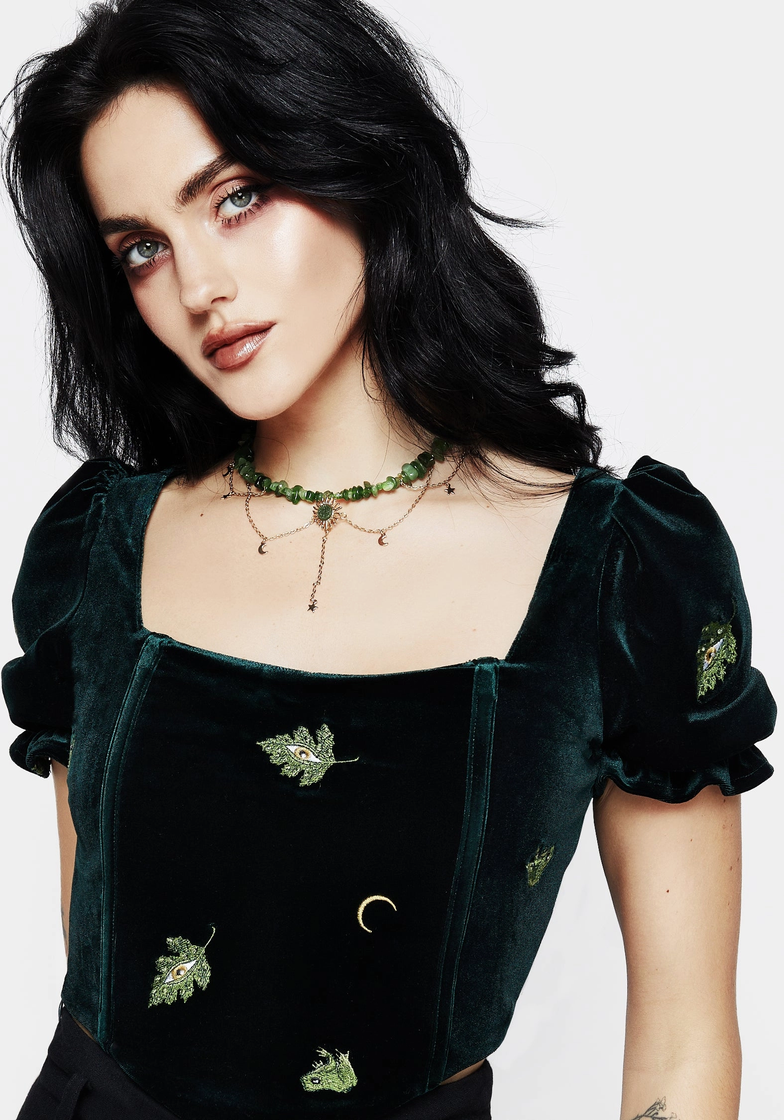 Swamplife Frog Embroidered Velour Puff Sleeve Corset Top Tops Womens - women's blouses clearance