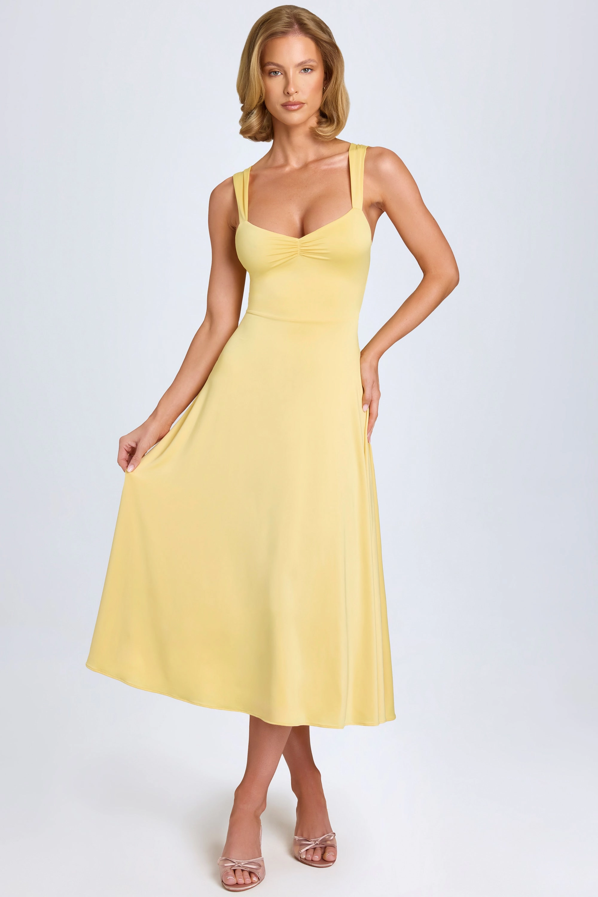 Sweetheart-Neck Ruched Midaxi Dress in Pastel Yellow