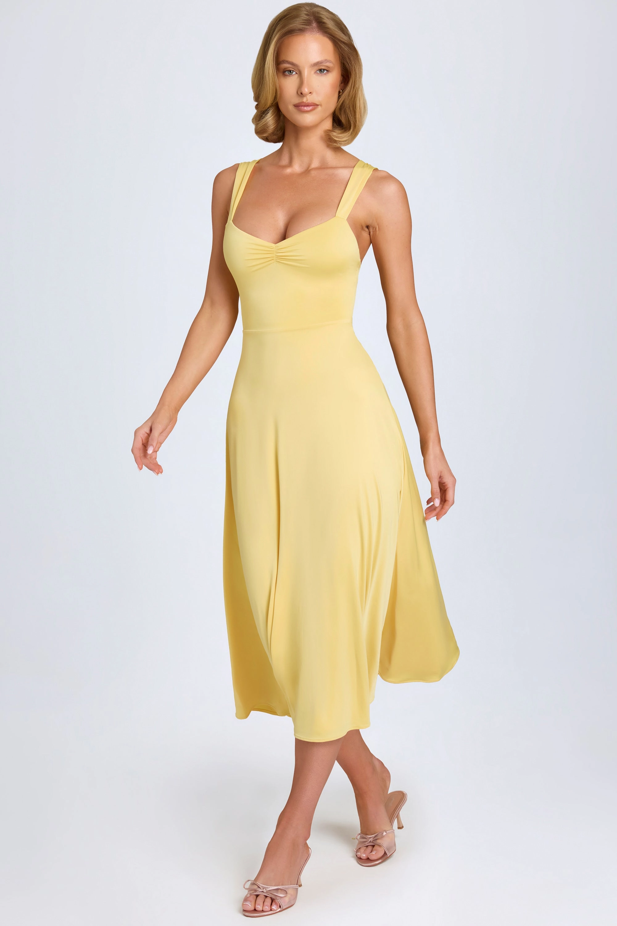 Sweetheart-Neck Ruched Midaxi Dress in Pastel Yellow