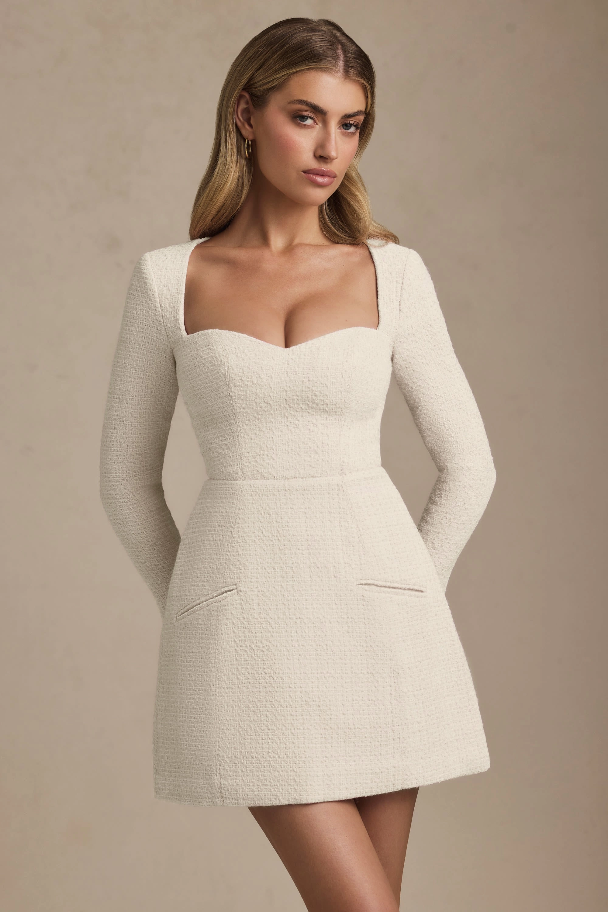Sweetheart-Neck Structured Mini Dress in Ivory Dresses outlet online