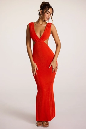 Textured Jersey Plunge Neck Maxi Dress in Fiery Red shop for Dresses online
