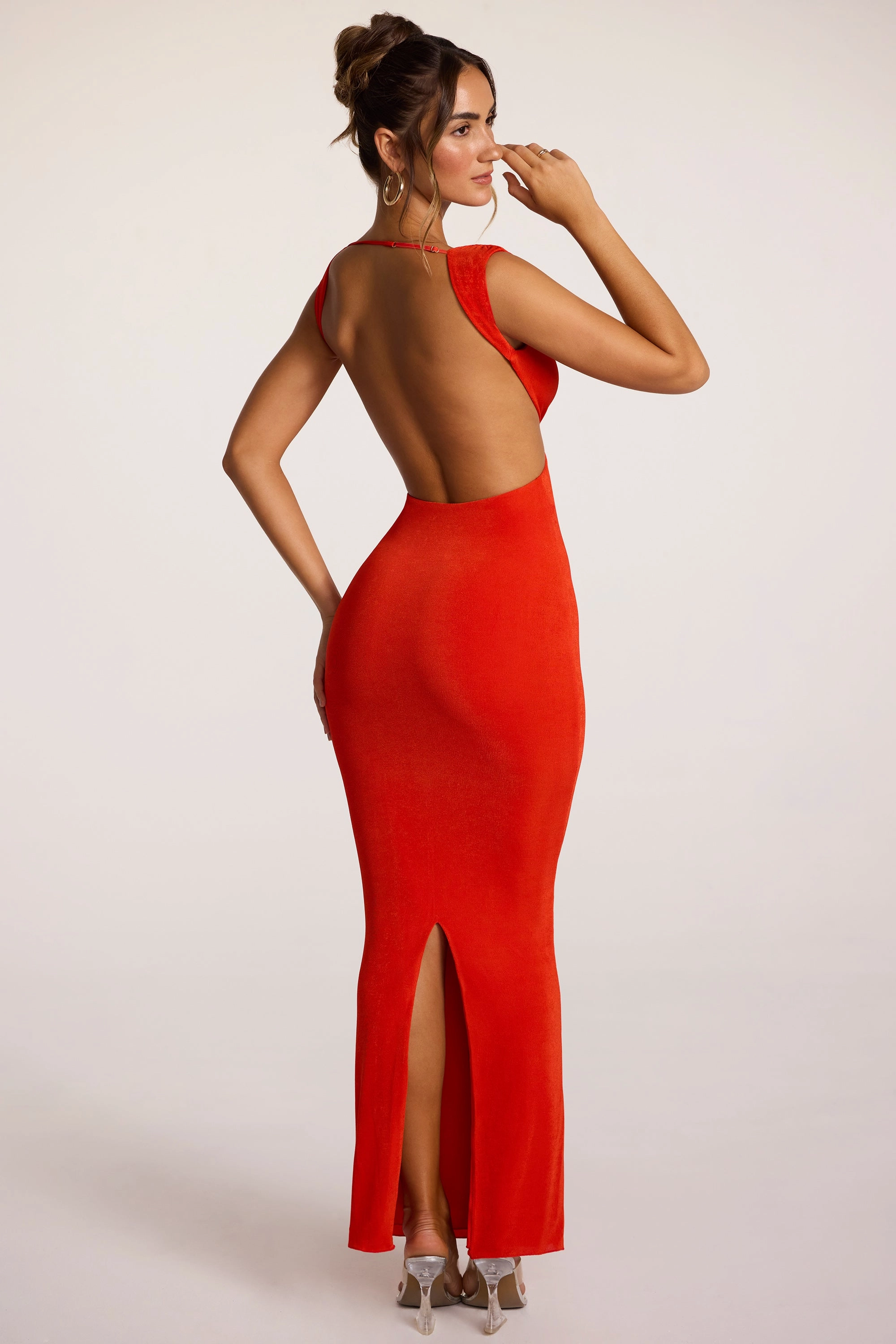 Textured Jersey Plunge Neck Maxi Dress in Fiery Red