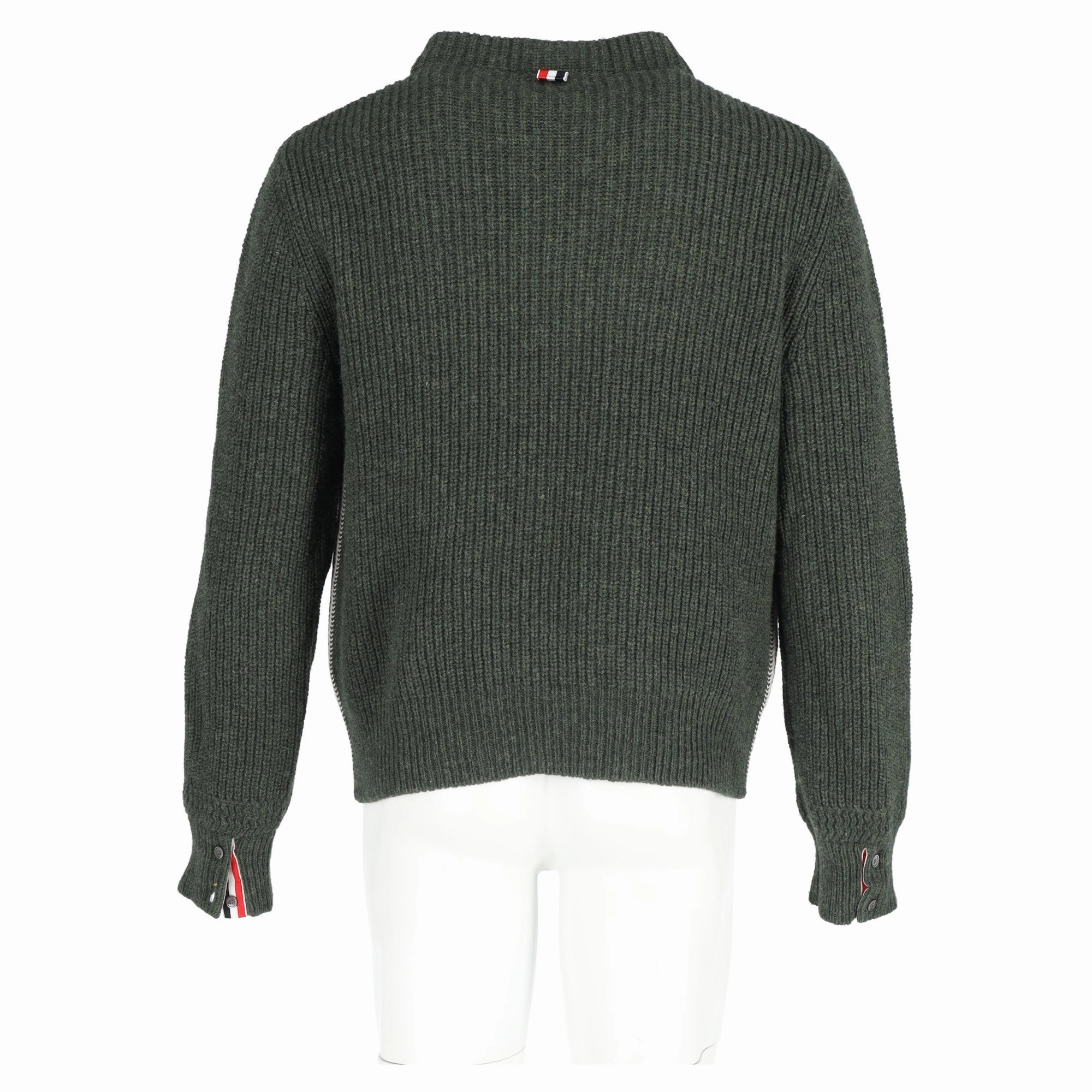 Thom Browne Ribbed-Knit Mock Neck Sweater in Green Wool