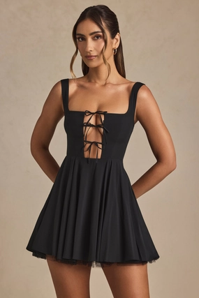 Tie-Detail A-Line Micro Mini Dress in Black Dresses - dresses on sale
