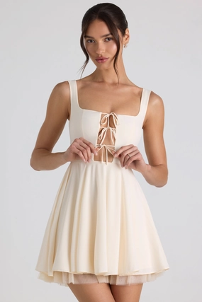 Tie-Detail A-Line Micro Mini Dress in Ivory Dresses outlet online