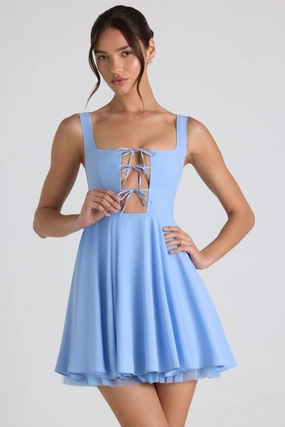 Tie-Detail A-Line Micro Mini Dress in Sky Blue Dresses - evening gowns outlet