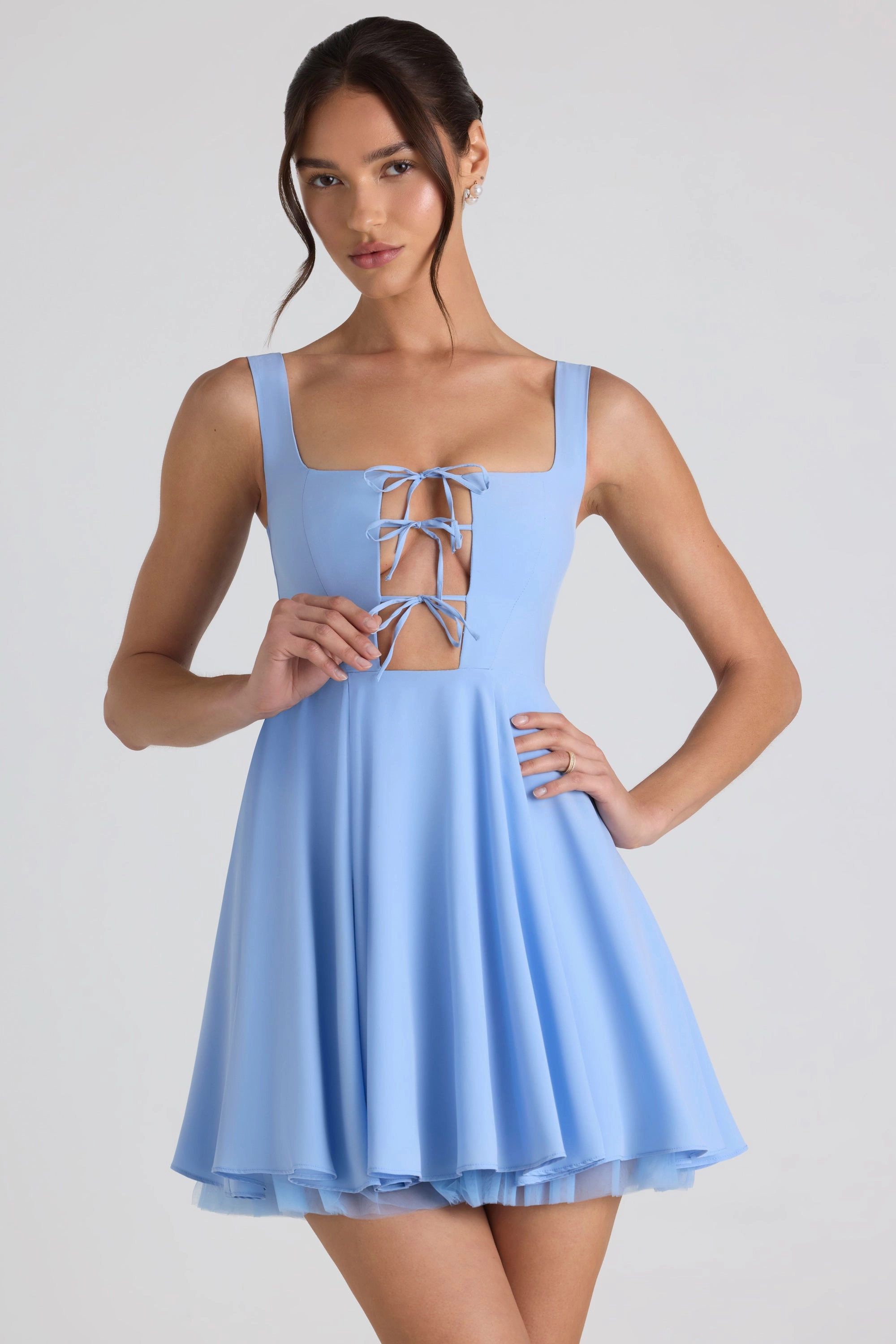 Tie-Detail A-Line Micro Mini Dress in Sky Blue Dresses - evening gowns outlet