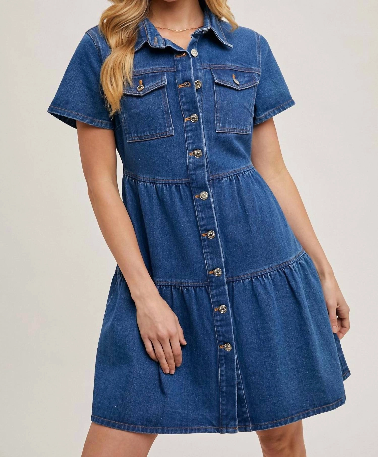 Tiered Button Down Denim Shirt Dress In Medium Wash