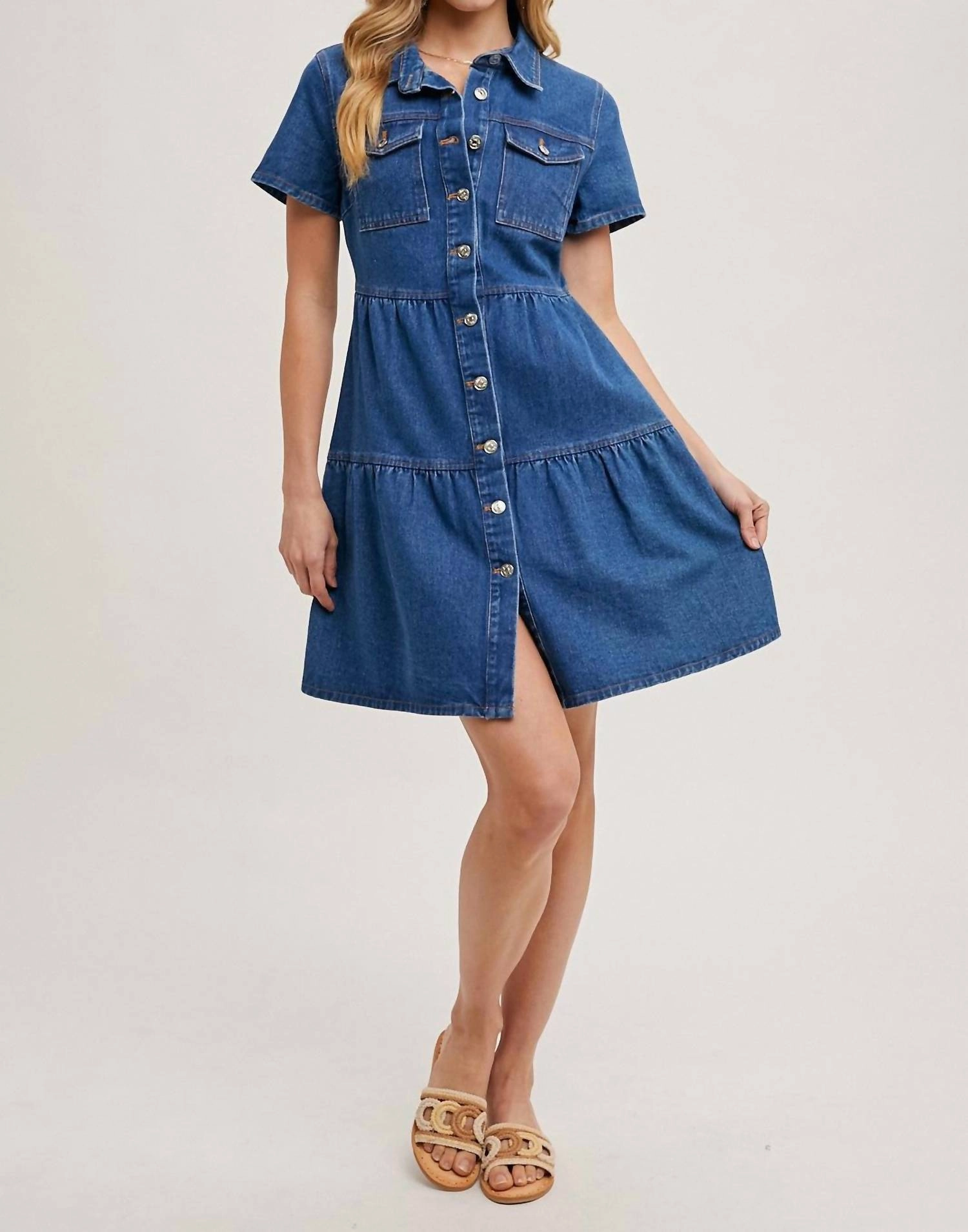 Tiered Button Down Denim Shirt Dress In Medium Wash