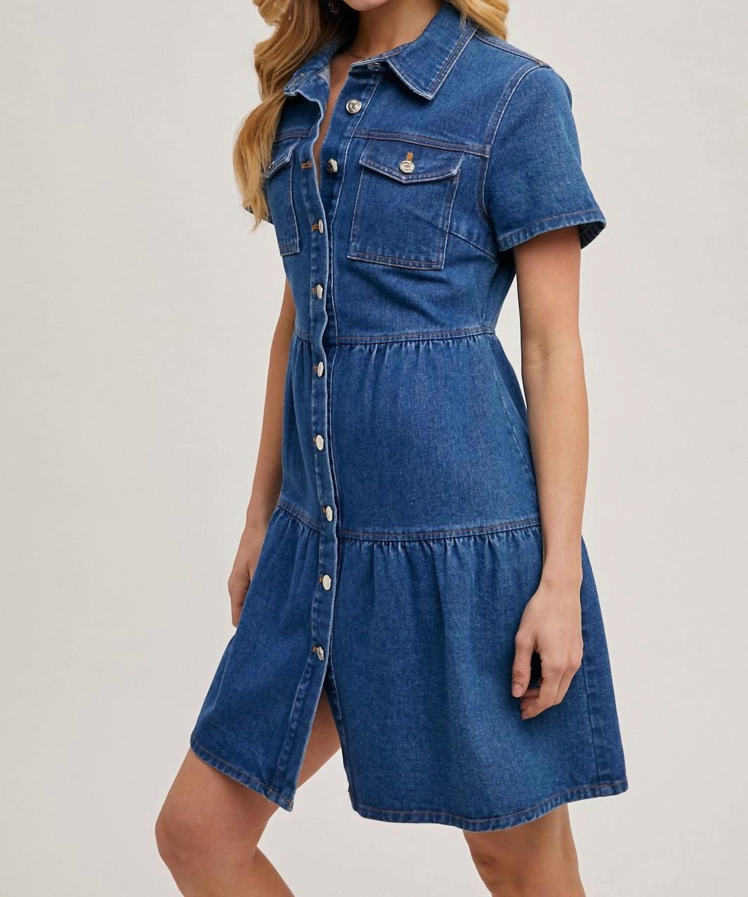 Tiered Button Down Denim Shirt Dress In Medium Wash