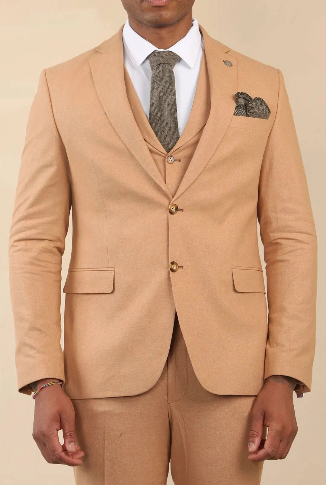 TP-23 - Men's Camel 3 Piece Linen Summer Wedding Suit