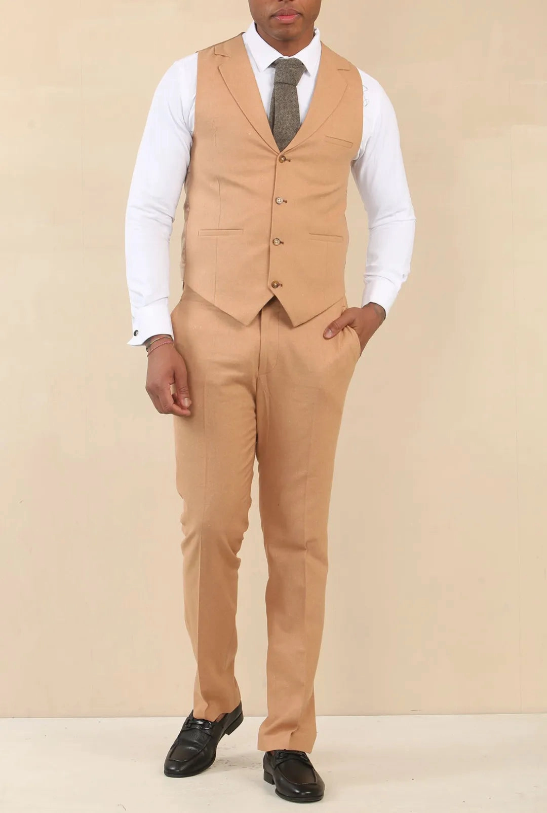 TP-23 - Men's Camel 3 Piece Linen Summer Wedding Suit