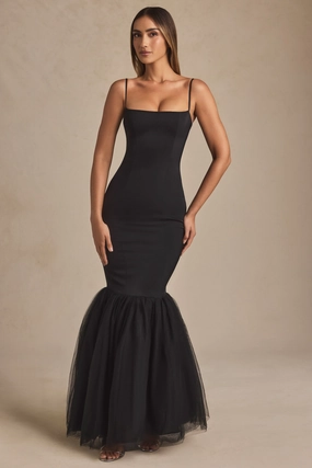 Tulle Hem Fishtail Gown in Black Dresses - maxi dresses best price