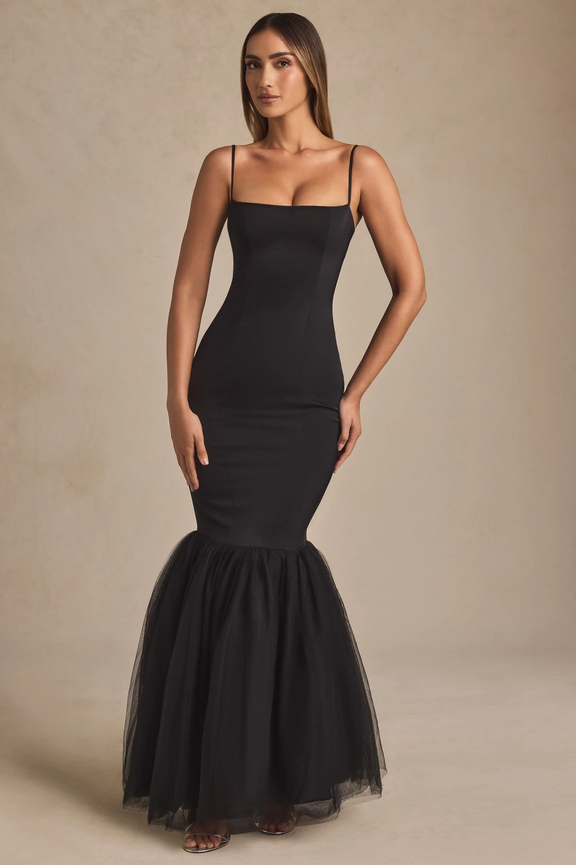 Tulle Hem Fishtail Gown in Black Dresses - maxi dresses best price