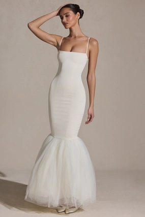Tulle Hem Fishtail Gown in Ivory Dresses - maxi dresses best price