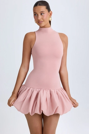 Turtleneck Drop-Waist Bubble Hem Mini Dress in Pink Mauve Dresses best price