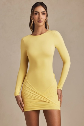 Twist-Front Ruched Backless Mini Dress in Pastel Yellow cheap Dresses on sale