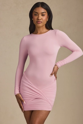 Twist-Front Ruched Backless Mini Dress in Soft Pink Dresses best price