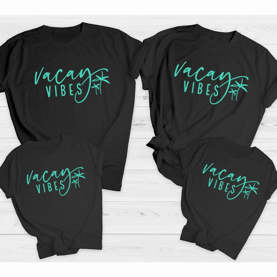Vacay Vibes Matching Summer T-Shirts Black/Teal Holiday Collection - holiday outfits clearance