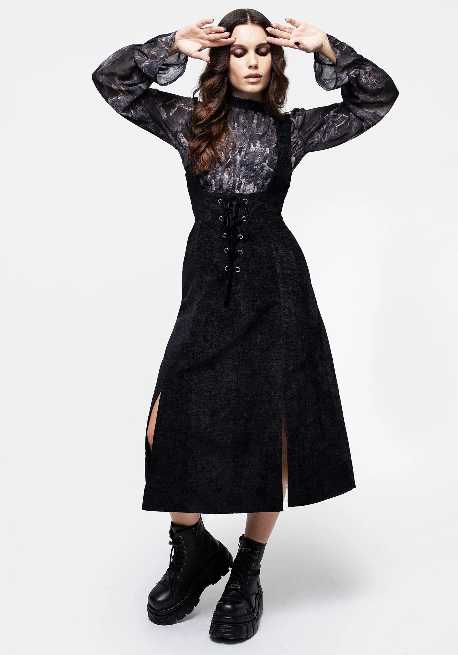 Valar Lace Up Midi Pinafore Dress