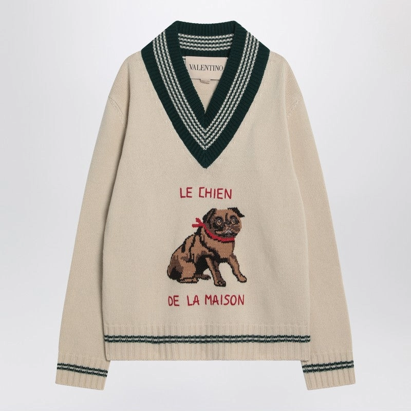 Valentino Men's Butter-Colou Sweater With Le Chien De La Maison Embroidery knit sweaters cheap