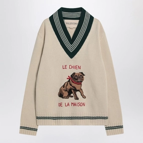 Valentino Men's Butter-Colou Sweater With Le Chien De La Maison Embroidery knit sweaters cheap