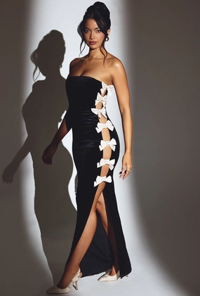 Velvet Bow Detail Maxi Dress in Jet Black Dresses - dresses on sale