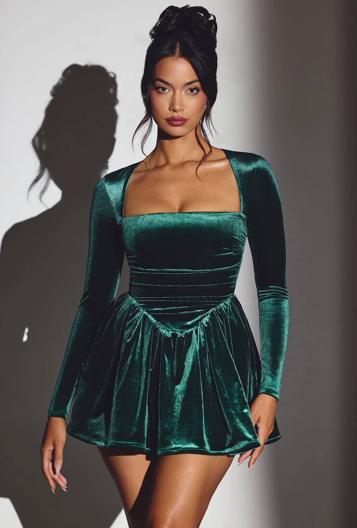Velvet Long Sleeve Corset Mini Dress in Emerald Green Dresses - party dresses cheap