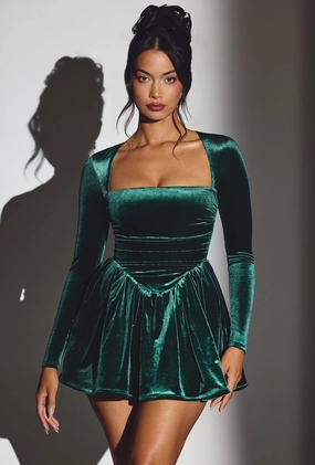 Velvet Long Sleeve Corset Mini Dress in Emerald Green Dresses - party dresses cheap