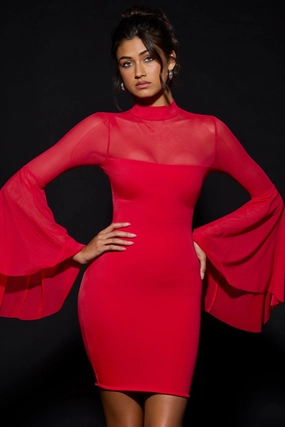 Waterfall-Sleeve Mini Dress in Fire Red shop for Dresses online