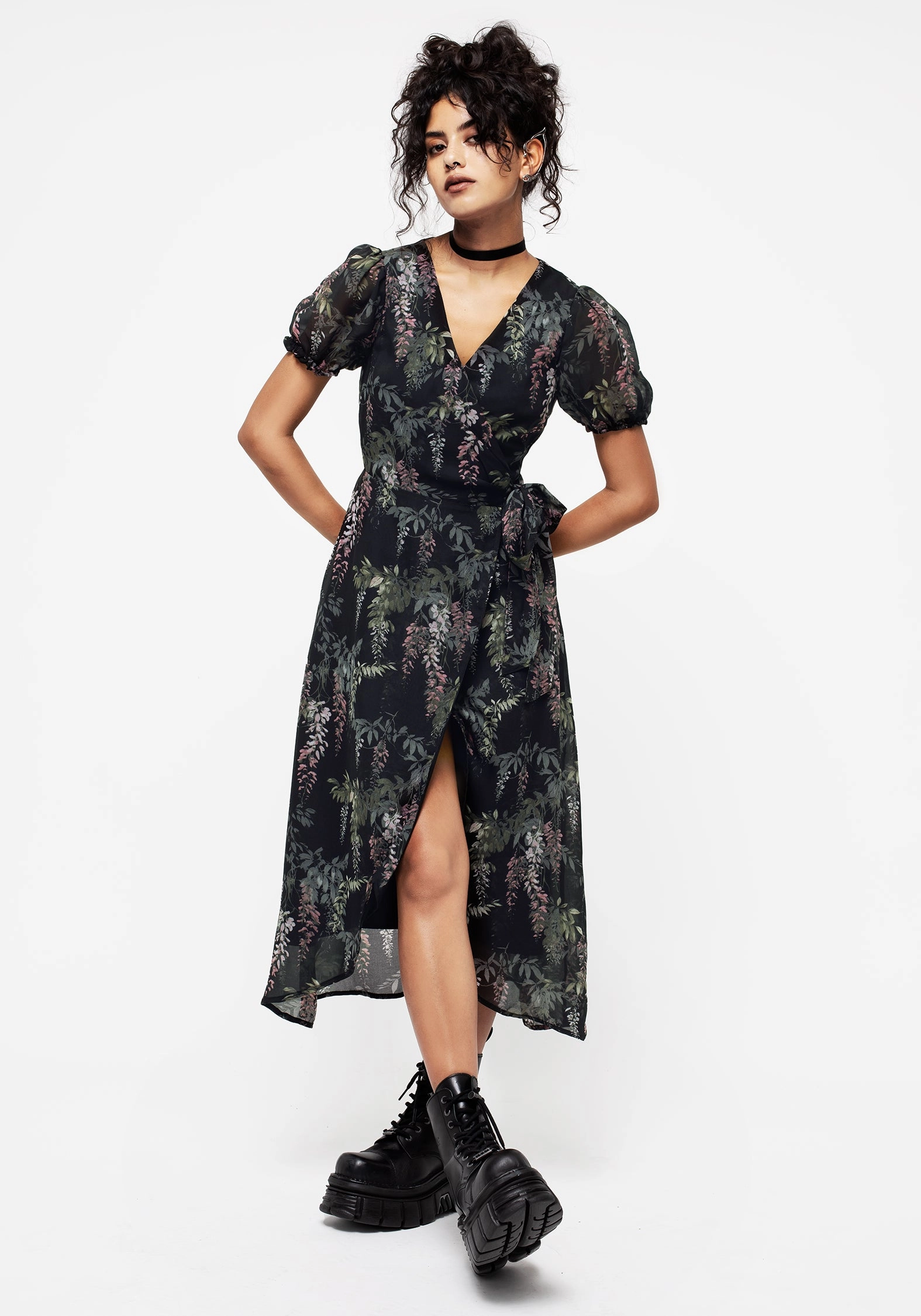 Wisteria Floral Print Chiffon Midi Wrap Dress