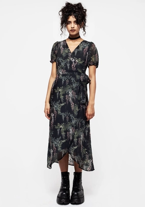 Wisteria Floral Print Chiffon Midi Wrap Dress Dresses Womens - women's dresses clearance