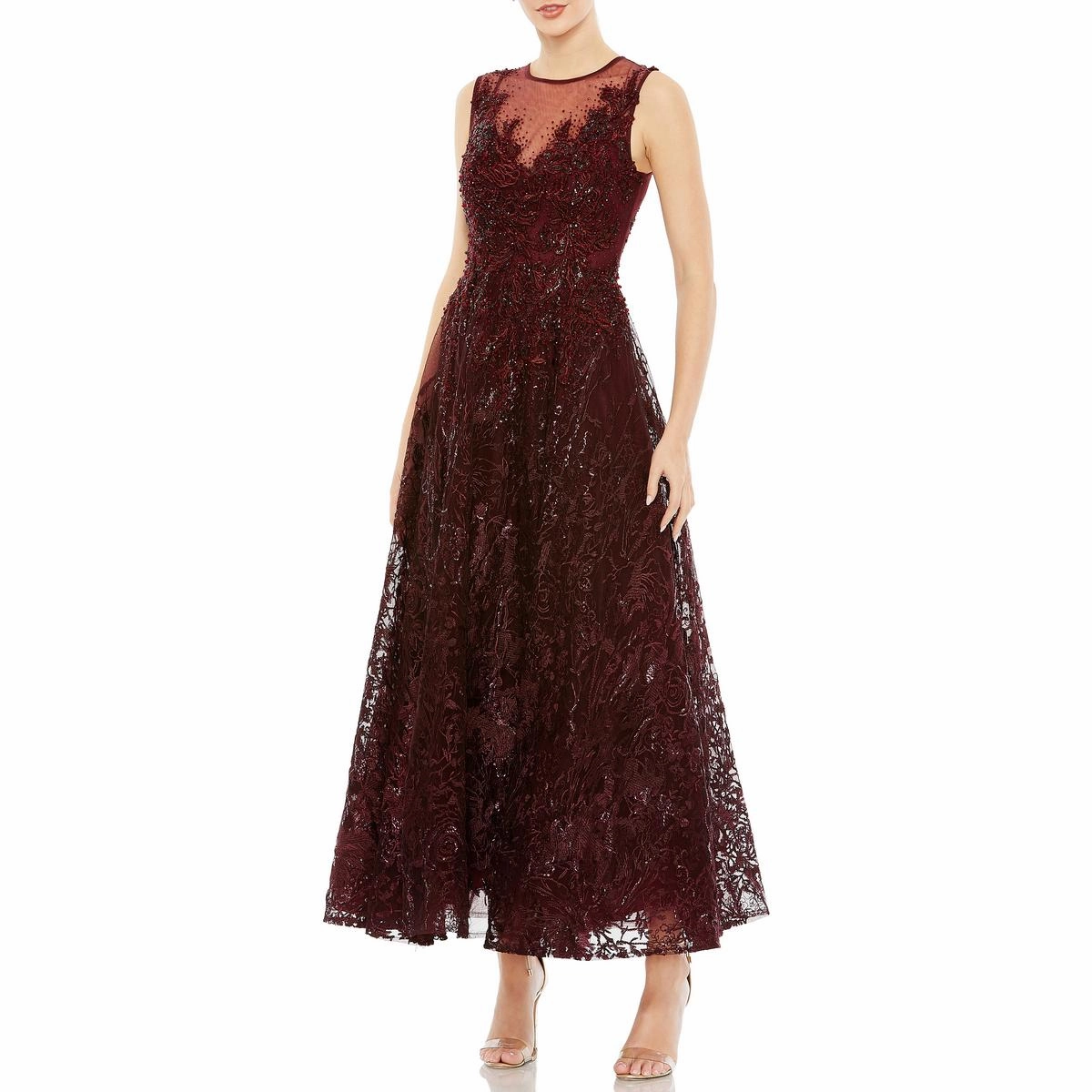 Womens Embellished Mesh Evening Dress