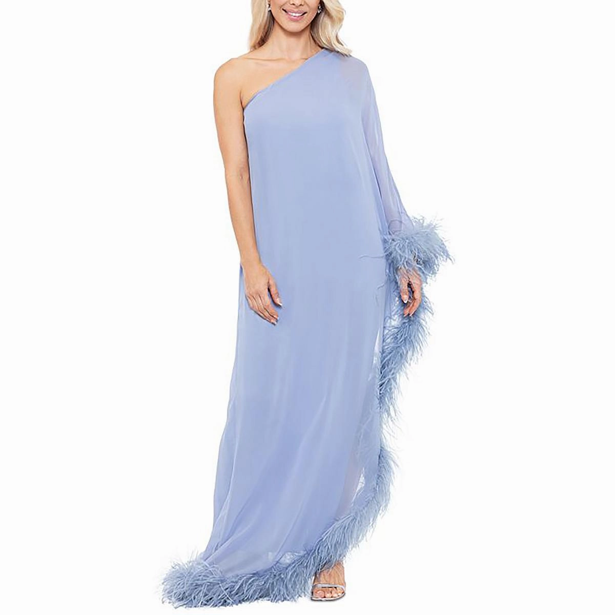 Womens Feather Trim One Shoulder Evening Dress