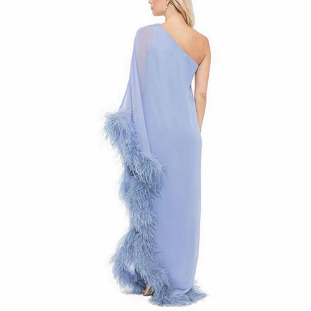 Womens Feather Trim One Shoulder Evening Dress
