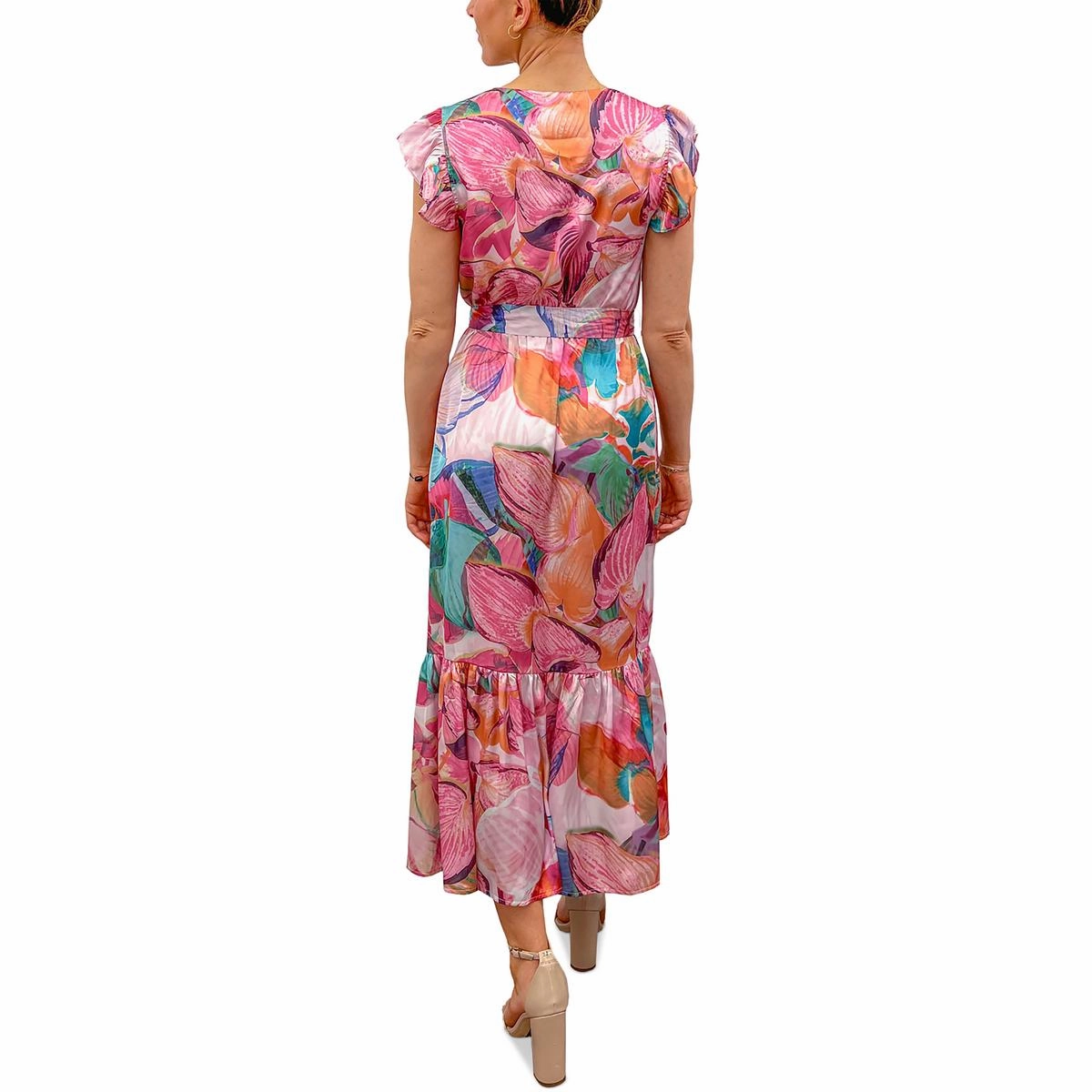 Womens Floral Faux Wrap Midi Dress