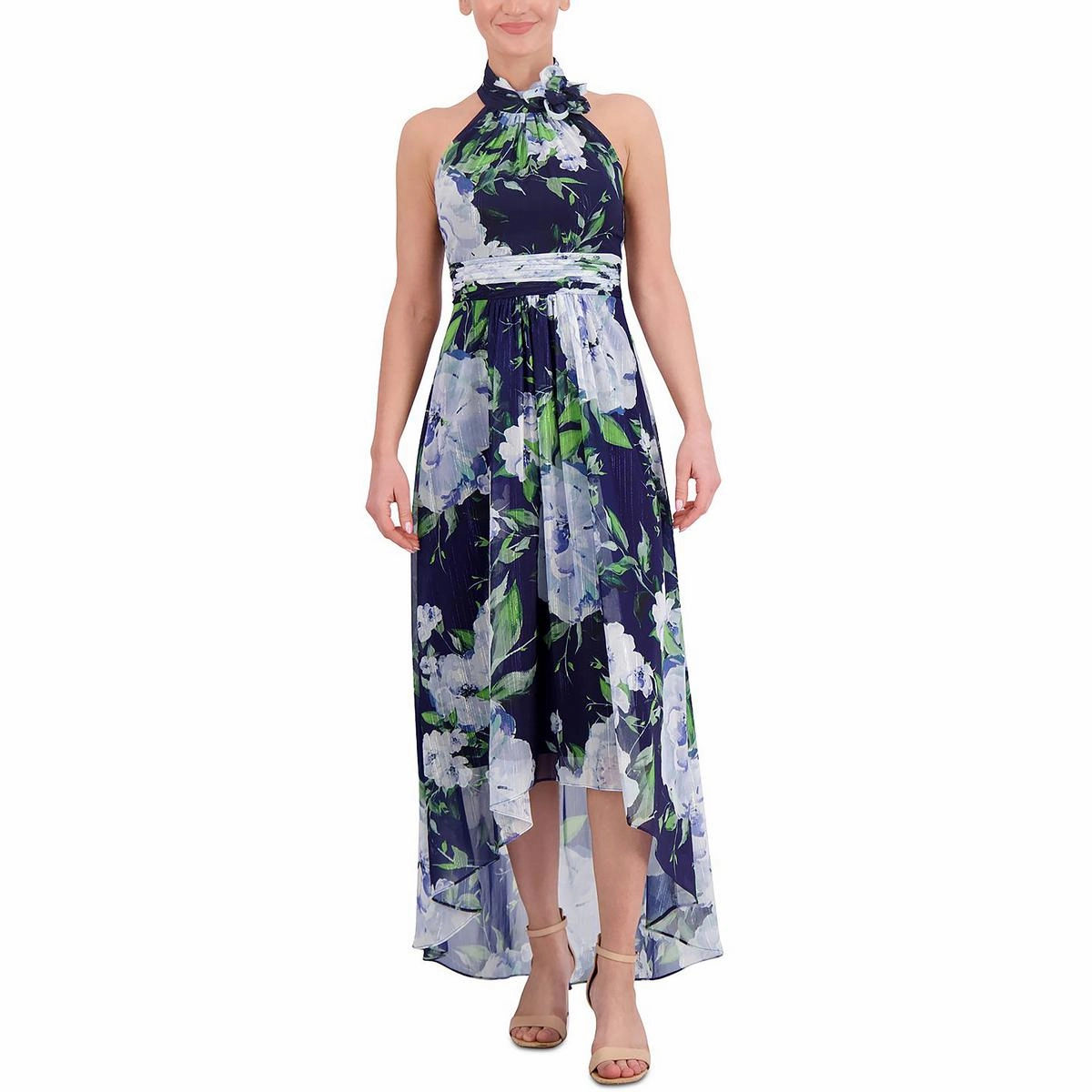 Womens Floral Metallic Halter Dress