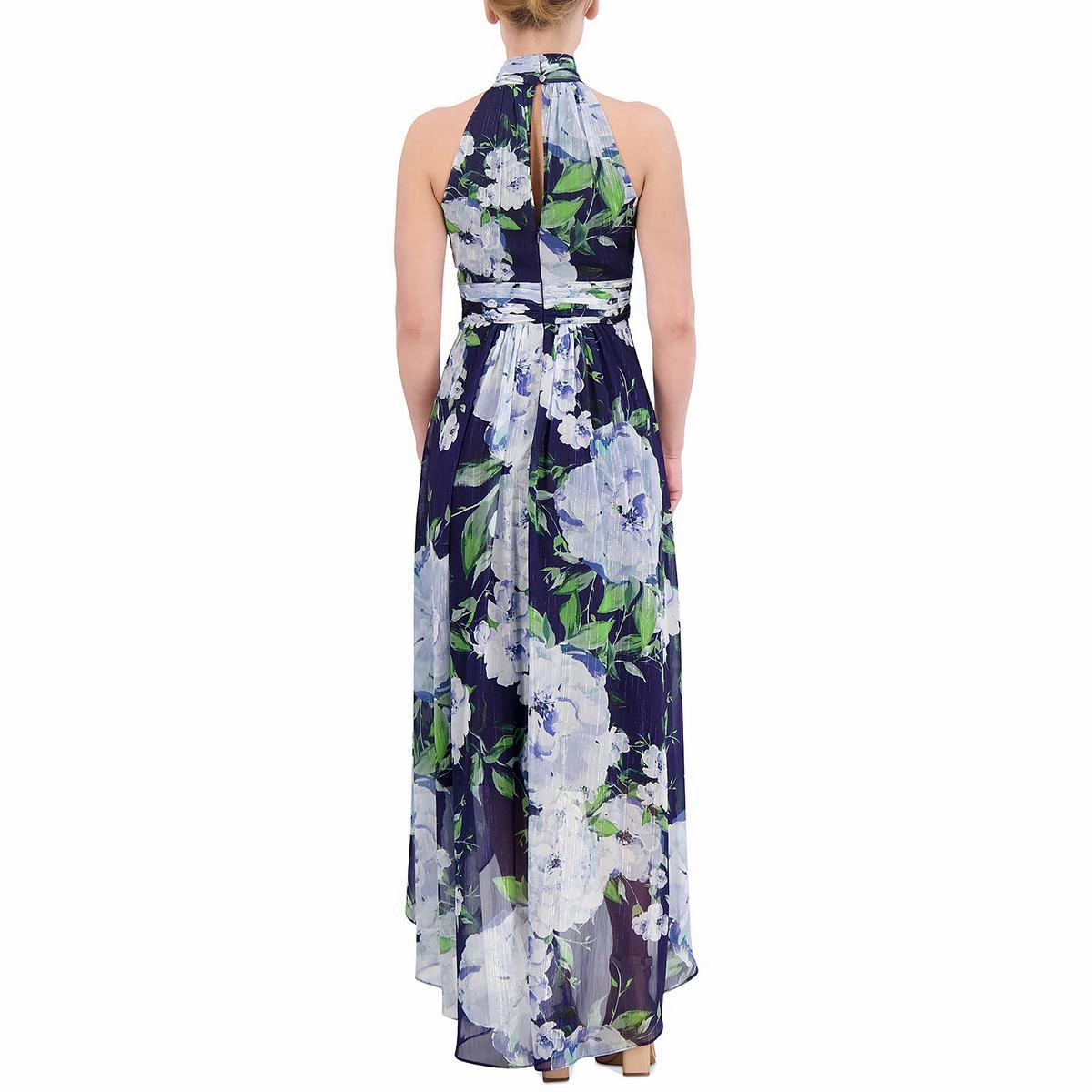 Womens Floral Metallic Halter Dress