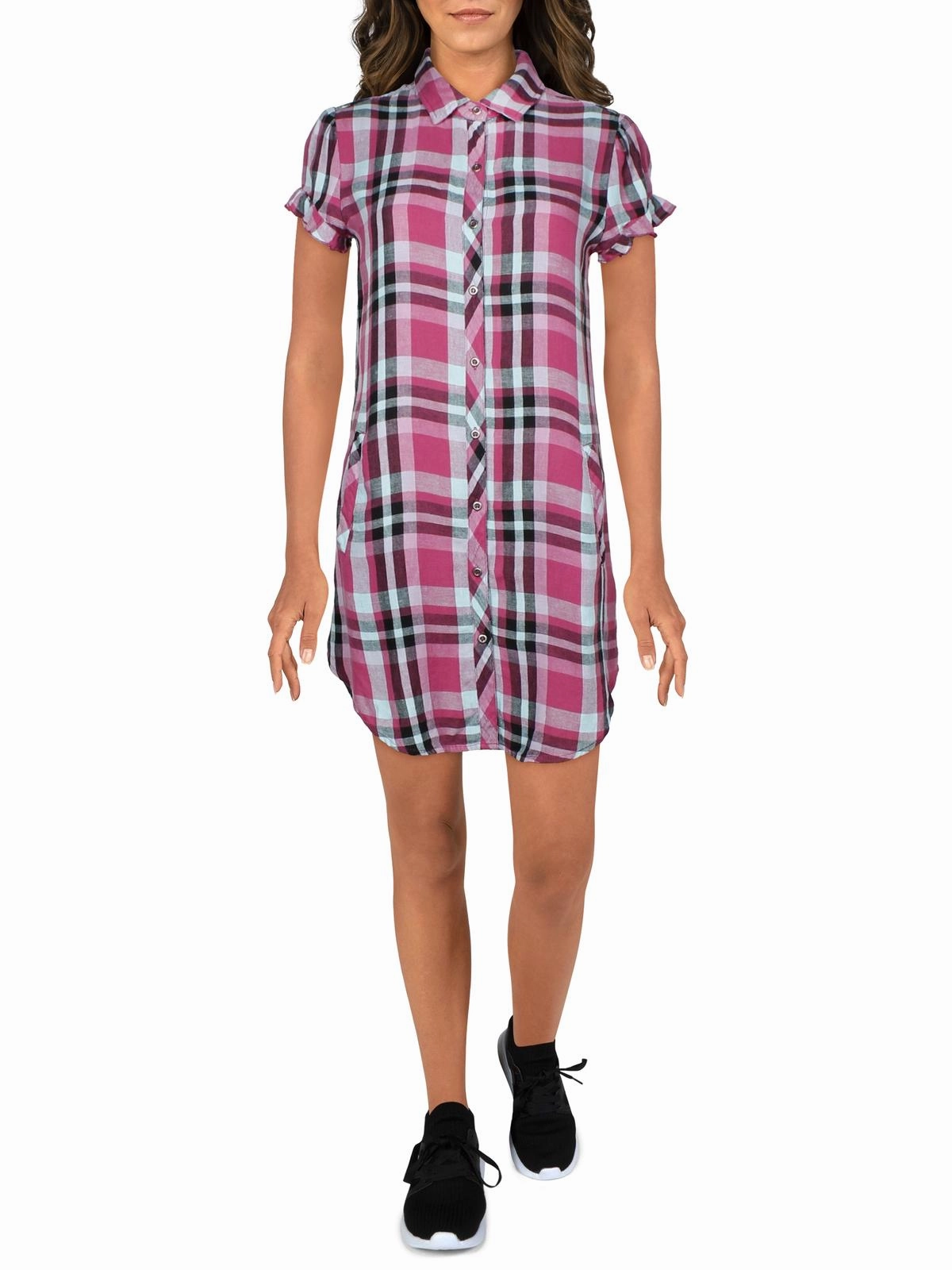 Womens Linen Blend Plaid Shirtdress