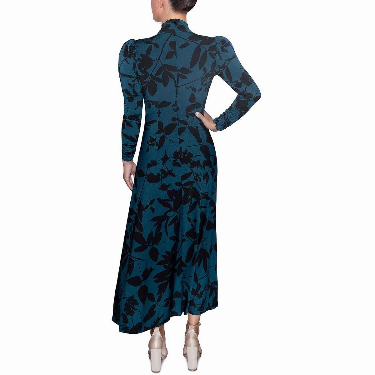 Womens Printed Puff Sleeves Midi Dress