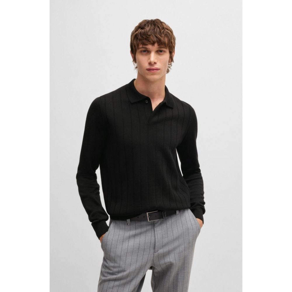Wool polo sweater with knitted stripes