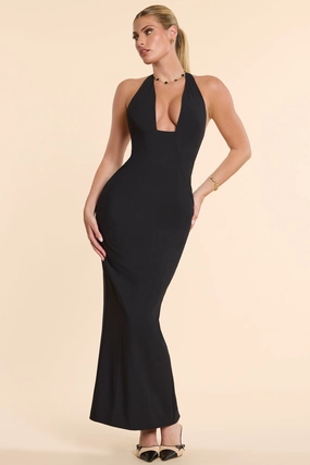 Woven Twill Halter Neck Plunge Maxi Dress in Black Dresses - dresses on sale