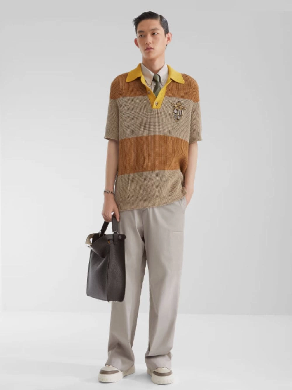 Yellow and Beige Striped Cotton Knit Polo Shirt
