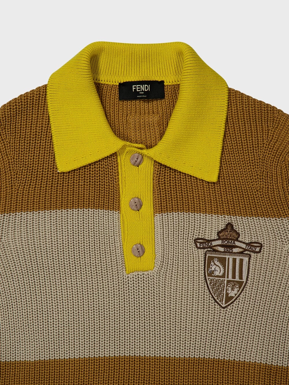 Yellow and Beige Striped Cotton Knit Polo Shirt